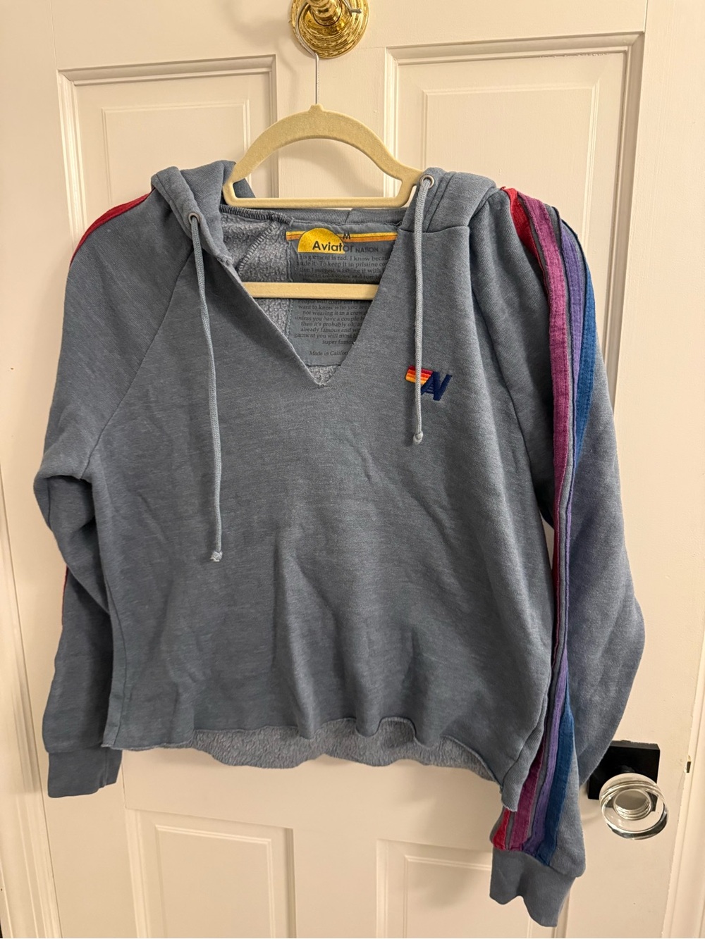 Aviator Nation Slate Blue V-Neck Hoodie with Multicolor Sleeve Stripes